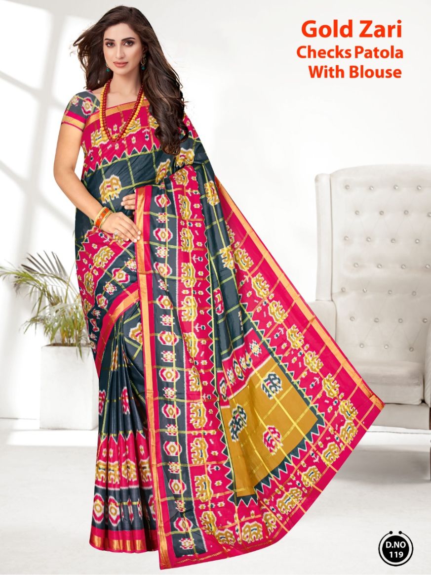 Gold Zari Checks Patola Ethnic Wear Cotton Printed Saree Collection
